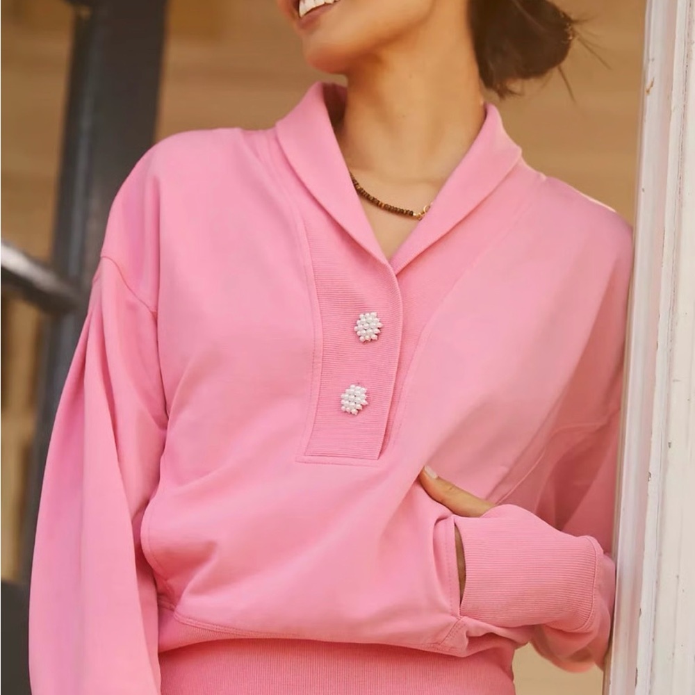 Anthropologie Sundays Pink Anita Pullover Sweatshirt Pearl Buttons XS